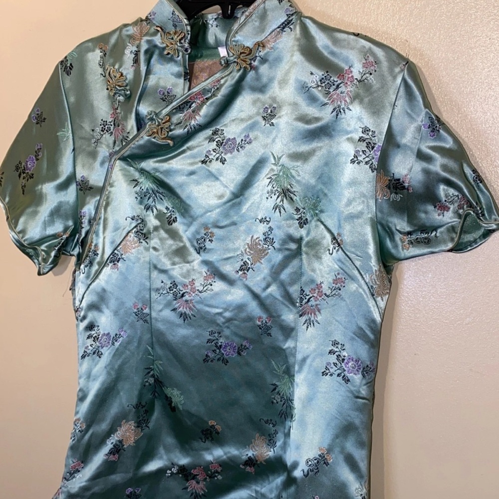 Vintage Chinese Satin Brocade Top Size 40 Blue Floral Mandarin Collar Blouse